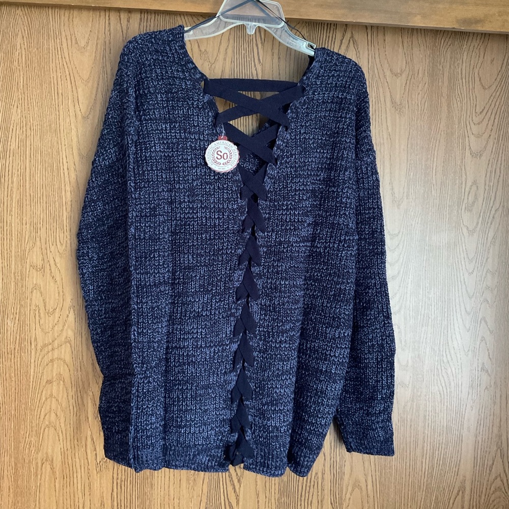 So marled Women's Navy V-Neck Sweater with Lace-Up Detail